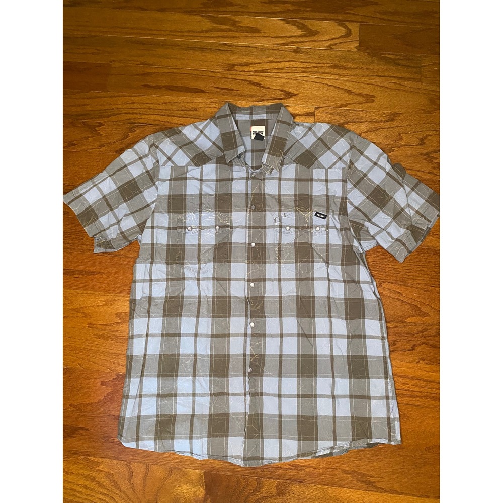 Volcom Workwear Blue and Brown Plaid Pearl Button Shirt Size Medium